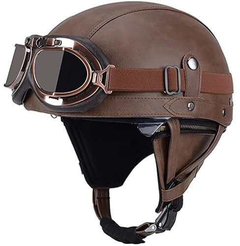 Casco Jet Vintage Omologato ECE,Mezzo Casco Moto Pelle D'epoca Con Occhiali Da Aviatore,Caschi Scooter Caschi Street Cruiser Da Uomo E Da Donna 55-62CM E,M