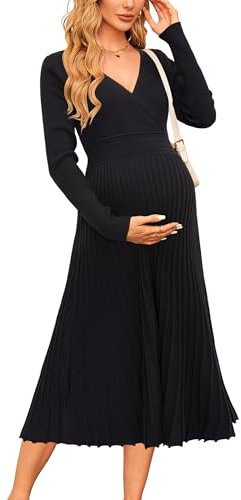 OUGES Strickkleid Damen Winter Kleid Schwarz Lang Winterkleid Elegant Herbstkleid Langarm Pulloverkleid für Herbst