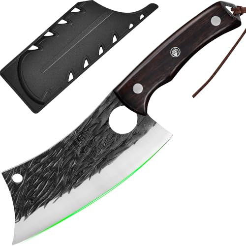 FULLHI Coltello da macellaio con fodero, coltello da cuoco serbo Tang, coltello da verdure con mannaia in acciaio al carbonio per esterno, campeggio (Marrone, 28,6cm)