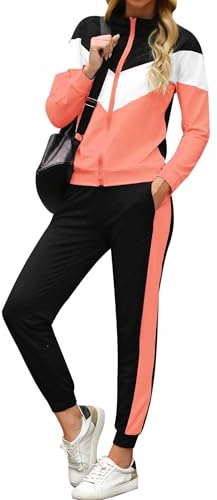Marvmys Träningsoverall dam sportig elegant långärmad jumpsuit kontrastfärg höst vinter sport jogging yoga träning fitness, Rosa Rosa, XL