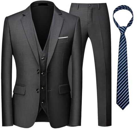 KUDORO Costume Homme 3 Pièces pour Mariage Business Slim Fit Smoking à Deux Boutons Blazer Veste et Pantalon Gilet avec Cravate(Gris Foncé,L)