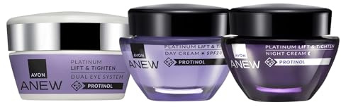 Avon Anew Platinum Set, Day Cream 50ml + Night Cream 50ml + Eye Cream 20ml, Pack of 3, To Lift and Tighten Skin, Ultimate Skincare Trio for Age 50+, Powered by Collagen, Cruelty Free