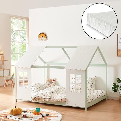 [en.casa] Lit Cabane avec Matelas à Mousse Froid Respirant Sommier à Lattes Lit Enfant en Forme Maison avec Fenêtres et Toit Bois de Pin Contreplaqué 140 x 200 cm Vert Menthe Blanc