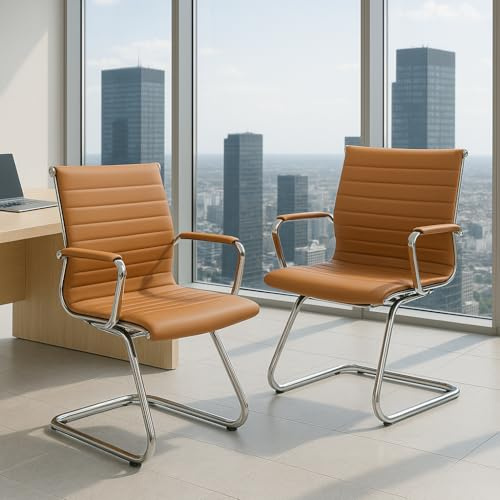 Ya-Home Chaise de Conférence Lot de 2 Chaise Bureau en Cuir PU avec Accoudoirs Chaise Visiteur Moderne avec Cadre Chromé, Marron