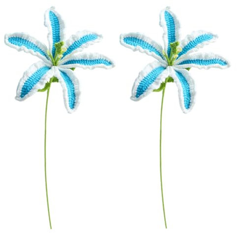 Magicherry Bouquet di fiori di giglio artificiali fatti a mano all'uncinetto, 2 pezzi, lavorato a maglia, per composizioni floreali fai da te, decorazione per la casa e per matrimoni, colore blu