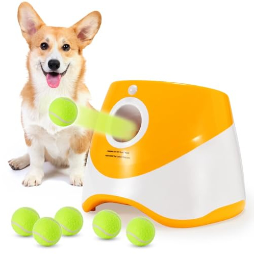 SOCO Automatic Ball Launcher for Dogs, USB Rechargeable with 3 Distances (10/20/30 ft), Safety LED Indicator, Include 6 Tennis Balls, Indoor/Outdoor Fetch Toy for Small/Medium Dogs