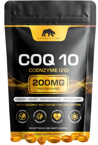 Bearactive CoQ10 Supplement Softgels - Heart Health, Energy & Recovery - Coenzyme Q10 High Strength - Q10 Coenzyme Ubiquinone – 30 Vegan Softgels with Coconut MCT Oil (COQ10 200mg - 30 Softgels)