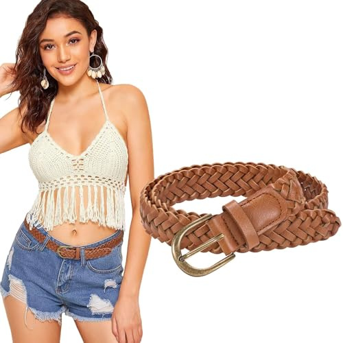 JASGOOD Women's Braided Belt Skinny Casual PU Leather Woven Belt for Jeans Pants,Brown,S
