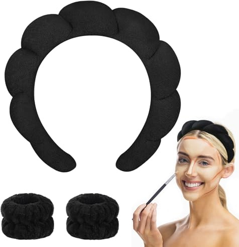 DYSWTUE Diadema de Maquillaje para Mujer, Juego de Pulseras, Tela de Rizo Suave y Esponjosa, Accesorios para El Cabello Para Lavar la Cara, Ducha, Cuidado de la Piel, Negro