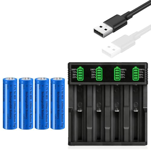4 Stück 3200mAh Akku 3.7V Button Top Wiederaufladbarer NIMH mit 1 Stück 18650 Akku Ladegerät, 3.7Volt 11.84Wh NI-MH Hohe Kapazität Akkus für Kamera/Kleinen Lüfter/LED Stirnlampe, 67mm