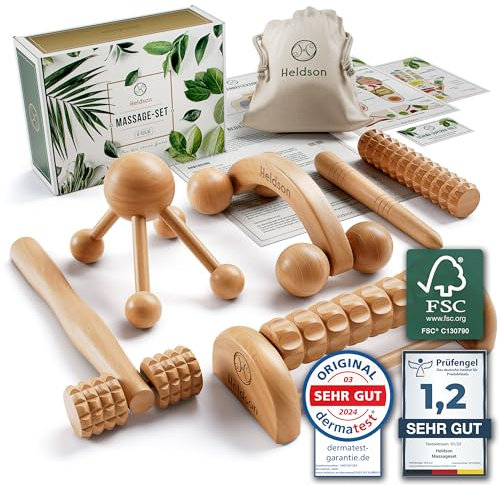 HELDSON® Premium Massage Set Holz [6 Teile] FSC®100% - Diverse Massagegeräte & Massage Roller - Fußmassage, Kopfmassage, Triggerpunkt Drücker - Entspannung Therapie Tools - Anti Cellulite, Stress
