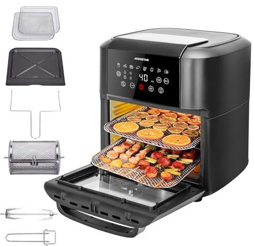 Aigostar Owen - Mini Four Air fryer 12L, Friteuse air fryer 8 Prédéfinies, Écran Tactile LED, 7 Accessoires inclus, Système rotatif, déshydratateur de fruits, Sans BPA,1700 W