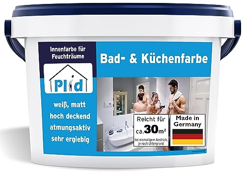 Plid® Bad und Küchenfarbe weiß für alle Wände [STARKER SCHIMMELSCHUTZ] - Anti Schimmelfarbe Innen Weiß für alle Wände - Antischimmelfarbe für Feuchträume & Badezimmer gegen Schimmel - Made in Germany