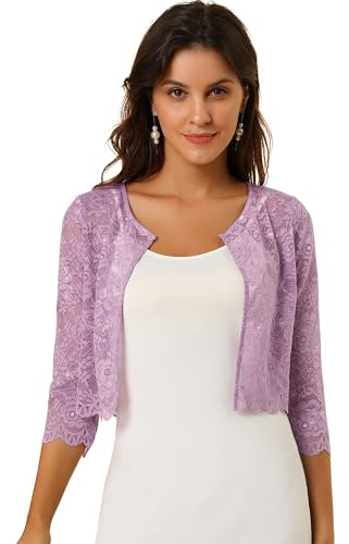 Allegra K Cardigan Court élégant pour Femme, boléro Transparent en Dentelle floraleMauve L
