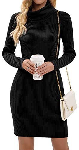 Imuedaen Women's Turtle Neck Jumper Dress Long Sleeve Knitted Dress Sweater Dress Knitted Jumper Slim Fit Knitwear Pullover for Autumn Winter (A Black, M)