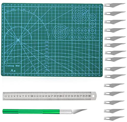 Schneidematte Set, Selbstheilende Bastelunterlage Mat mit Schnitzmesser, A4 Cutting Mat/16stk Bastelmesser und Stahllineal Grün/für Handrückenbretter, Mauspads, Schreiben