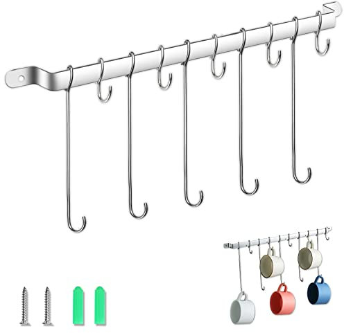 Evanda Kaffeetassenhalter, Tassenhalter Wandregal, für Küche Esszimmer, Wand montiert Küche Schiene mit 5 langen Haken und 5 kurzen Haken.