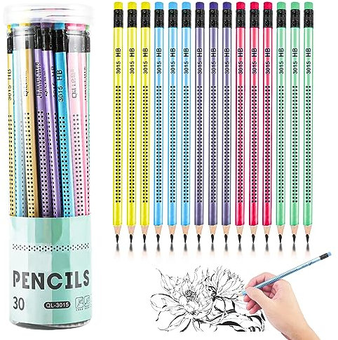 Magrimaxio 30 Stück HB Bleistifte, Holzbleistifte Set, Bleistift mit Radiergummi, Bleistifte Kinder Rutschfest, Bleistift Dreikant Mehrfarbig, Graphitstift für Schreibhilfe von Schule Büro