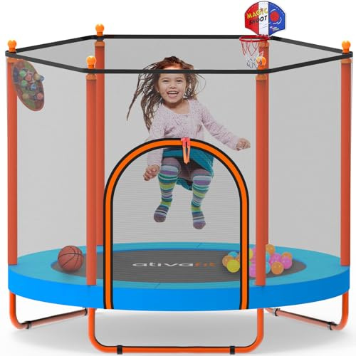 ATIVAFIT 60'' Rebounder Trampoline Indoor Outdoor for Kids Ages 1-8, 5FT Recreational Toddler Trampoline with Safety Enclosure Net Gifts with Basketball Hoop Dartboard Ocean Bal