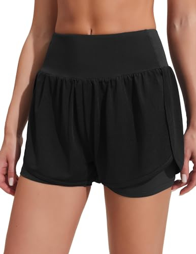 PINSPARK Pantalones Deportivos para Mujer Pantalones Cortos para Correr Pantalones Cortos Deportivos de Cintura Alta 2 en 1 con Bolsillo Secado rápido Fitness Yoga Jogging Pantalones de Entrenamiento