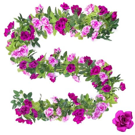 MytaYt 2 Stück Rosen Girlande 2.4m Künstliche Rosen Blumengirlande Rosenranken Seidenblumen Rose Hängend Rebe Kunstblumen Girlande Für Hochzeit Garten Schaukeln Dekoration Rosa Lila