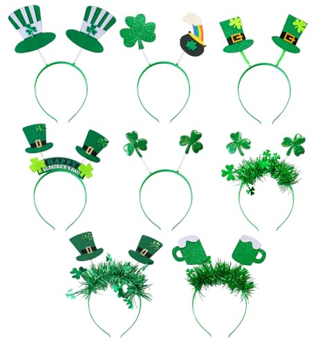 Zienlay 8Pcs St. Patrick's Day Headbands, Green Shamrock Clover Hats Headband Boppers, Saint Patricks Day Irish Headwear Costume Accessories Top Hat Head Band Bopper Party Favors for Women Men