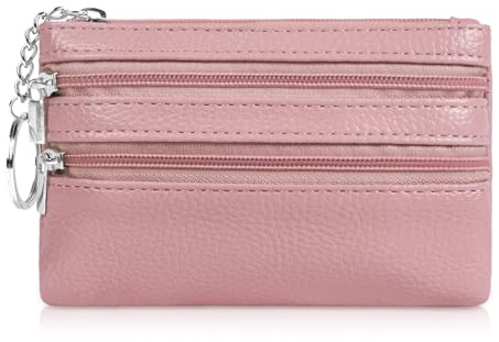 Aucuu Coin Purse Leather Zipper Wallet Card Holder Key Case Women Mini Wallet, with 3 Compartments & Keychain, Small & Lightweight, Easy to Carry, 12 * 8 CM (Pink)