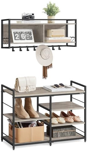 VASAGLE Hall Tree with Shoe Bench, Coat Rack Shoe Bench Set, Entryway Furniture, Multifunctional, 12 Metal Hooks, 4-Tier Shoe Rack, for Entryway, Bedroom, Heather Greige ULSB107K02