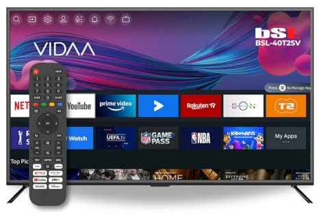 BSL-40T2SV VIDAA Smart TV 40 pouces WiFi RJ45 Résolution Full HD 1920 x 1080p USB DVBT2/S2 et Ci Compatible avec YouTube, Netflix, Disney +, Dazn, Prime, HDMI