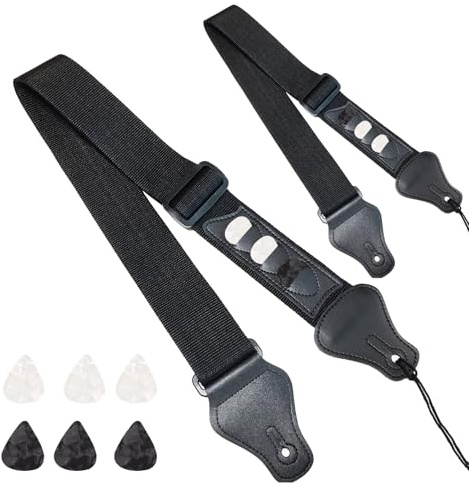 FOSDICK 2 st gitarrrem med plektrumficka, svarta gitarrremmar, basgitarrrem, akustisk gitarrrem, elgitarrrem, gitarrremmar elektriska kostnadsfria 6 gitarrplektrum, Svart, guitar strap acoustic