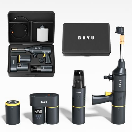 Bayu Kit Intelligent 4-en-1 pour Voiture, Aspirateur 8000PA, Nettoyeur à Pression sans Fil 200PSI, Gonfleur de Pneus 150PSI, Compresseur d'Air Portable pour Vélo et Moteur