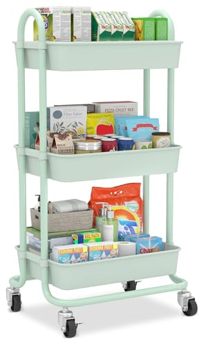 Sekey Carrito de Almacenamiento, Carro de Cocina con 3 Niveles, Ruedas de Goma 360° con Freno, Asa, Antirroños, Carro Almacenaje para Cocina, Baño, Oficina, Sala, Dormitorio, Verde Menta