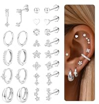 CASSIECA 13 Paar Ohrringe Silber Set, 316L Chirurgenstahl Ohrringe für Damen Herren Medizinische Ohrstecker und Creolen für Mehrfachpiercing 14K Vergoldet Helix Tragus Piercing Ohr Silber