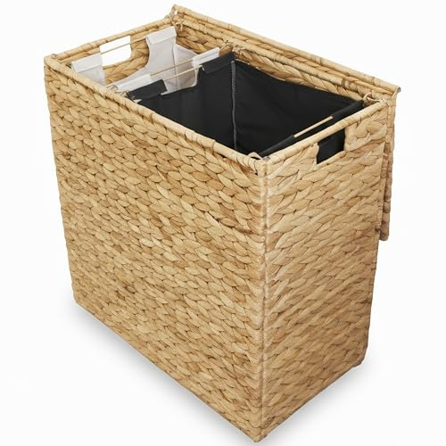 Naturlik Cesto Portabiancheria 120L XXL – 2 Scomparti in Giacinto d’Acqua Naturale Senza Plastica. Cesta Biancheria Pieghevole con Coperchio e Sacchi Rimovibili