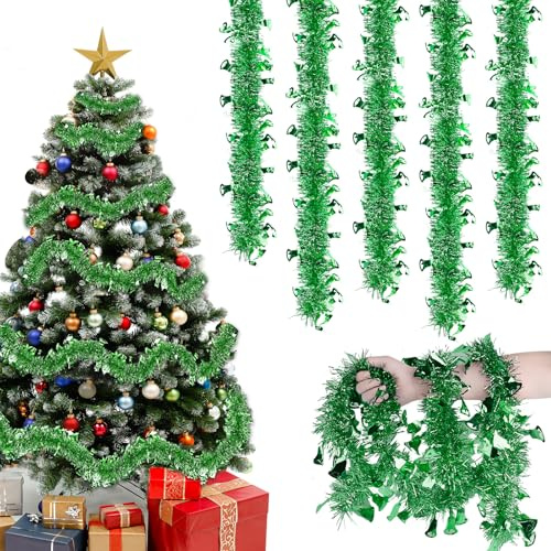 Joxessaien Ghirlanda di Lametta per Albero di Natale 8 Pezzi × 2M – Ghirlanda Natalizia 16M Decorazione Natalizia Ghirlanda di Lametta con Campanelle – Decorazione per Albero di Natale per Interno