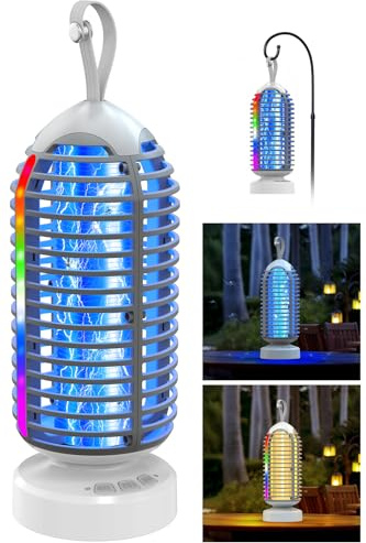 Dnenellr Lámpara Antimosquitos, 3000V Mata Mosquitos Eléctrico de Alta Eficiencia con Luz Nocturna RGB, Impermeable Portátil, 3 en 1 Inalámbrica Recargable Antimosquitos (Blanco Gris)