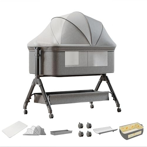 Aveainelle Baby Bedside Crib with Mattress, Foldable and Convertible Baby Cradle, Adjustable Infant Bassinet, Co-sleeping Infant cot with Mosquito Net (Grey)
