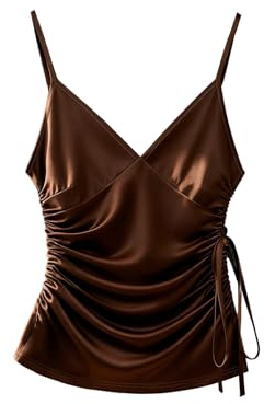 SOLY HUX Women's Satin Camisole Tops V Neck Spaghetti Strap Ruched Drawstring Side Summer Going Out Top Solid Coffee Brown Small