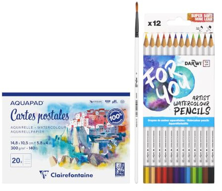 Clairefontaine 20 Cartes Postales Aquapad + 12 Crayons Aquarelle +1 Pinceau
