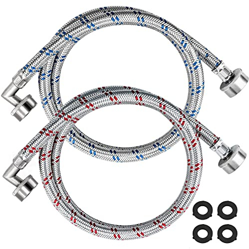 【𝟮𝟬𝟮𝟲 𝗨𝗽𝗴𝗿𝗮𝗱𝗲𝗱】Washer Stainless Steel Hoses with 90 Degree Elbow - 4 Ft Long Red and Blue (2 Pack) Burst Proof - Hot and Cold Striped Water Supply Lines for 10YEAR WARRANTY by Beaquicy