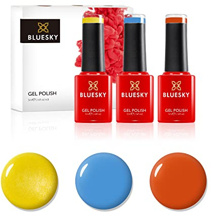BLUESKY Gel Nail Polish Set. Summer Brights. Bicycle Yellow 80576, Digi-Teal 80613 and Orange Sweetie A012. 3 x 5ml Gel Nail Polishes (Requires curing under UV/LED Lamp)