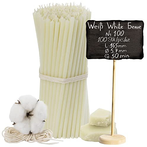 №100-100 candele di cera d'api bianche: candele tradizionali a stelo e per uso domestico, candele rituali e candele di cera colorate, un set per rituali, lunghezza 16,5 cm, diametro 5,7 mm, durata 50