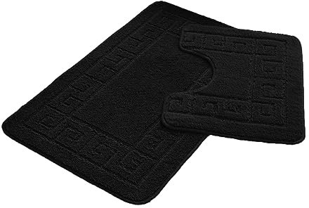 FAIRWAYUK Bathroom Mats Sets 2 Pieces, Ultra Plush Greek Pattern Bath Toilet Mat Anti Slip Pedestal Set, Extra Absorbent 100% Polypropylene Rug, Bathroom Accessory (Black)