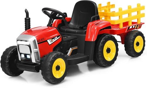 Tractor Eléctrico 12V 7Ah, 2+1 Cambio de Marchas, 25W Tractor Batería con Remolque, Bocina/ Reproductor MP3/ Bluetooth/ Puerto USB/ Faro de 7 LED, Control Remoto para Niño 3-6 años (Rojo)