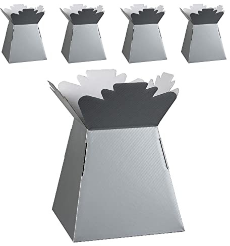 Flower Bouquet Boxes Florist Packaging Gift Craft Box Vase – Holder for Flowers, Bouquets, Plants, Sweets – Decoration for Wedding, Birthday, Anniversary, Floral Arrangement – Pack of 5 – Silver