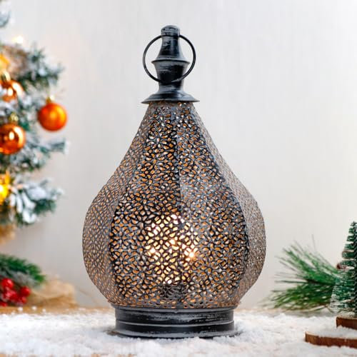 TRIROCKS Metall-Tischlampe im Marokkanischen Stil 29 cm Hoch Batteriebetrieben Kabellose Hängelampe mit LED-Edison-Glühbirne für Zuhause Wohnzimmer Garten Hof Terrasse Partys Drinnen Draußen