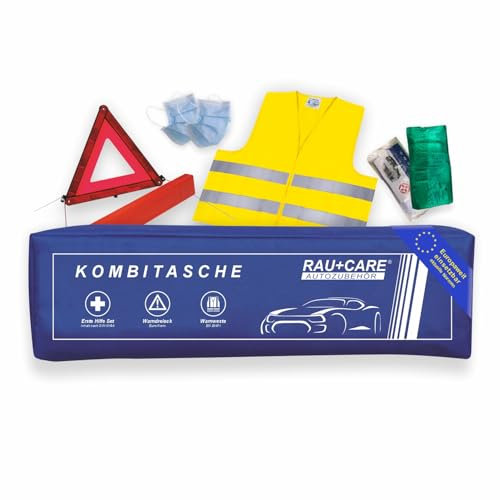 Rau Kfz Kombitasche blau 3 in 1 - aktuelle 2025 Norm - geprüft – inklusive Warndreieck, Warnweste – Verbandtasche Auto DIN 13164:2022 - alles StVO konform - Europaweit gültig