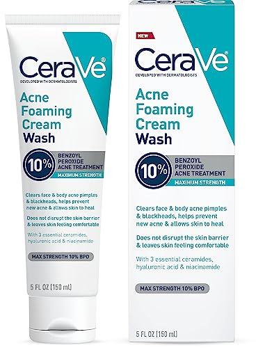 CeraVe Acne Foaming Cream Wash, Gentle Face and Body Cleanser with Benzoyl Peroxide 10%, Hyaluronic Acid, and Niacinamide, 10% Benzoyl Peroxide Treatment Clears Pimples and Blackheads 5 Oz