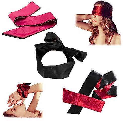 AWAVM Mascherina per occhi in raso di seta, 3 pezzi, per giochi di sonno, mascherina per occhi in raso di seta, regalo per San Valentino, 145 cm (nero, rosso, rosa rossa)