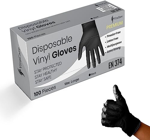 100 x Black Premium Disposable Gloves Large | Double Thickness | Vinyl Gloves Disposable Large | Latex free Gloves | Powder Free Gloves | Black Gloves Disposable | (Large, 1 Pack of 100)